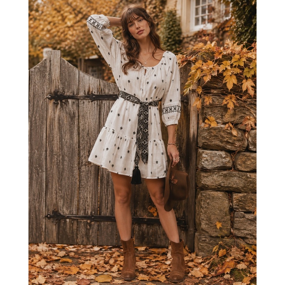 A Loves A White Cotton Embroidered Tiered Boho Mini Dress with Tassel Belt Small